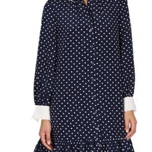 Tory Burch Navy and White Polka Dot Long Sleeve Dress